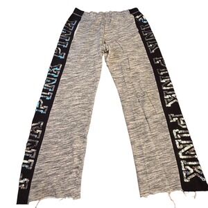 PINK Victoria's Secret Sequin Logo Sweatpants Gray Wide Leg Raw Hem Small